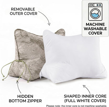 Pat. Pend. Lumbar Support Pillow, Reading Pillow, Moss Green | Back pillow for reading on a couch, sofa, or armchair; triangle cushion with removable, washable cover for lounging
