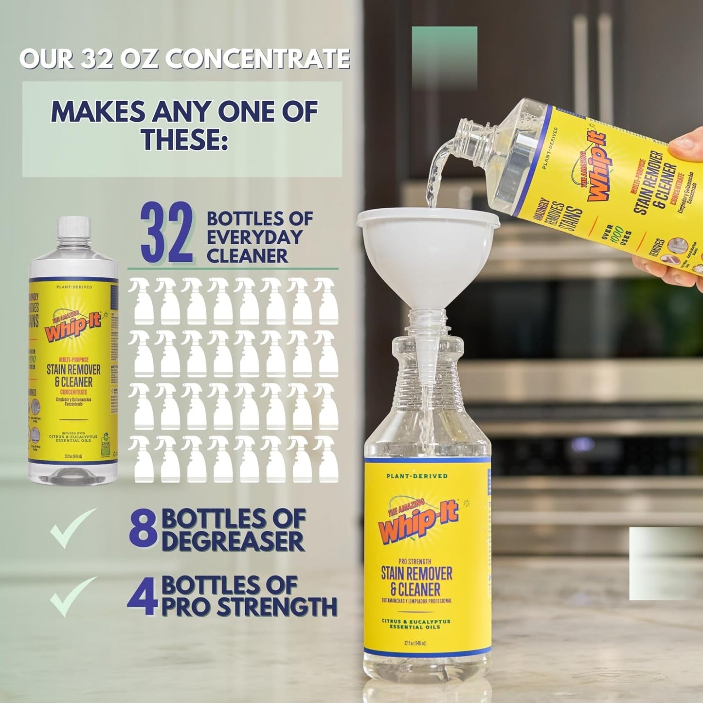 Whip It Cleaner, Multi Purpose Stain Remover Professional Strength Spray, Plant Based Enzyme Cleaner, Cleaning Food, Coffee, Wine, Baby Stains, Pet Stains, Over 500 uses, Made in USA, 32 OZ