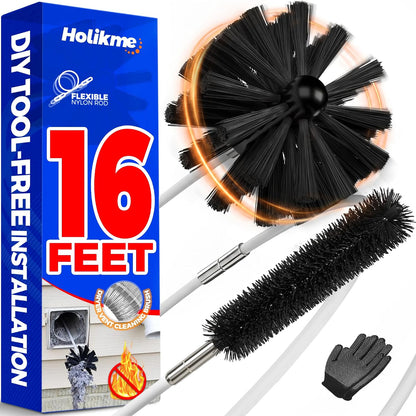 Holikme 16Ft Dryer Vent Cleaner Kit - Flexible Lint Brush for Deep Cleaning | Flexible Nylon Rods, Synthetic Brush Head, Drill Attachment, Deep Clean, Lint Removal, Easy DIY Assembly, Home Essential