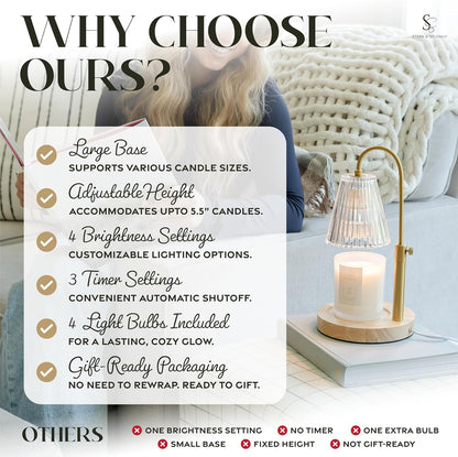 Flameless Candle Warmer Lamp for Jar Candles Large & Small – Dimmable Lamp Candle Warmer Electric with Large Marble Base & Adjustable Height – Candle Melter with Timer and 4 Halogen Light Bulbs
