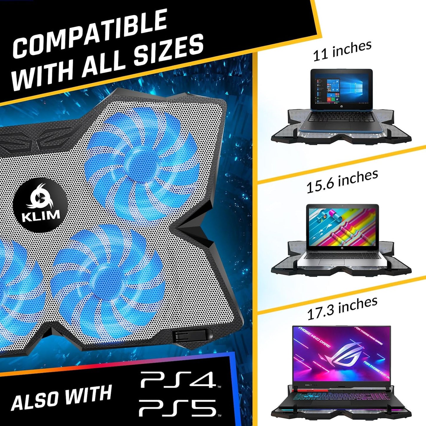 KLIM Wind Laptop Cooling Pad - More Than 500 000 Units Sold - New Version - The Most Powerful Rapid Action Cooling Fan - Laptop Stand with 4 Cooling Fans at 1200 RPM - USB Fan - PS5 PS4 - RGB
