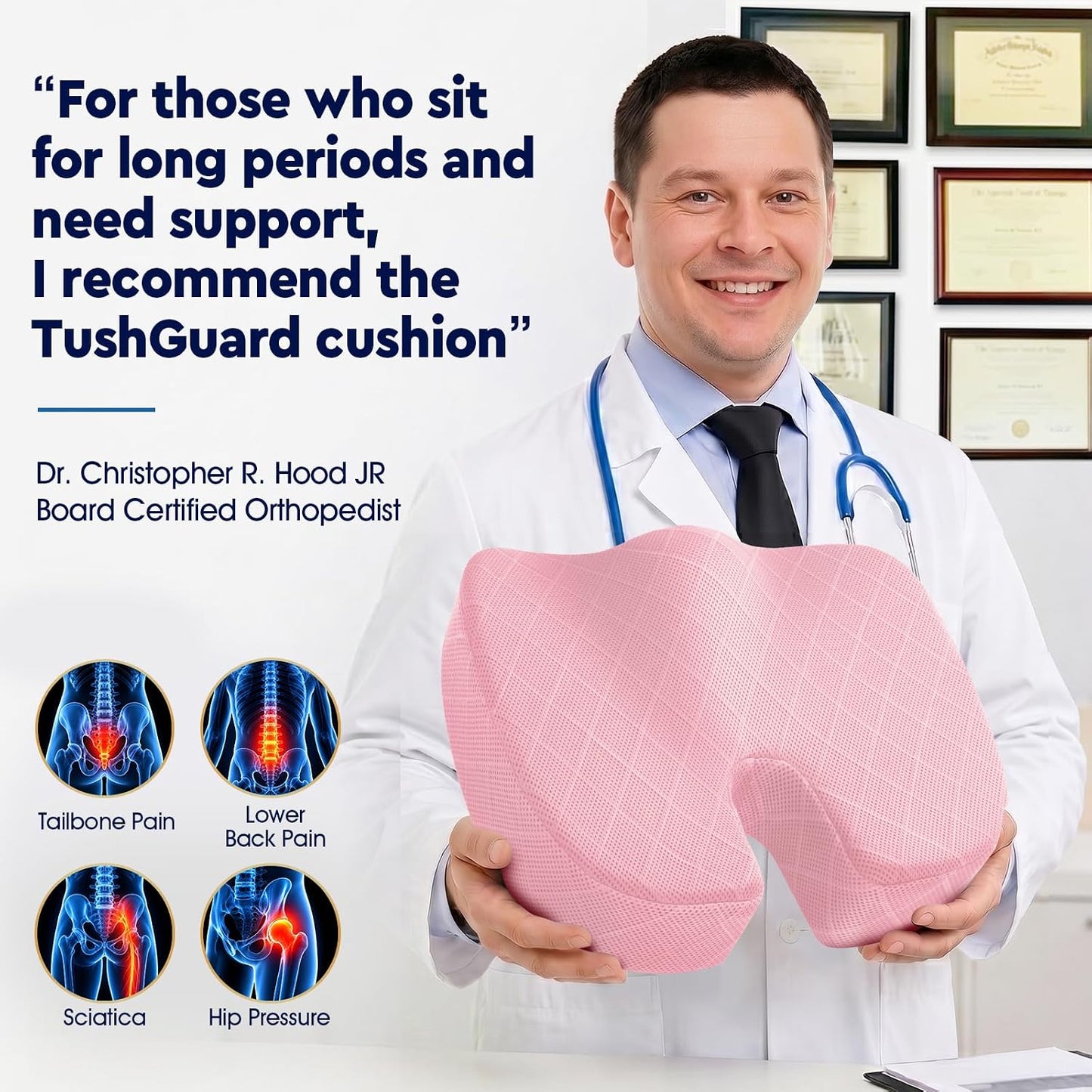TushGuard Office/ Car Seat Cushion, Non-Slip Sciatica & Back Coccyx Tailbone Pain Relief Chair Pad, Memory Foam Butt Pillow for Computer Desk, Wheelchair, Driving (Black)