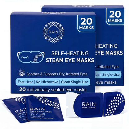 Rain - Heated Eye Mask for Dry Eyes, Self Heating Steam Eye Masks Disposable, Warm Compress for Eyes, Stye Treatment, Moist Heat, Unscented, No Microwave, Travel Ready (20 Masks)