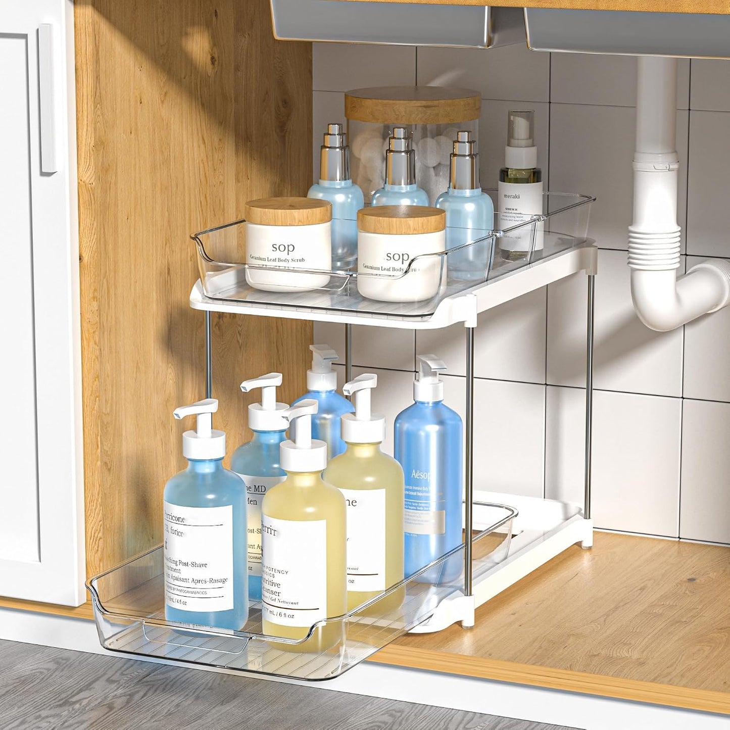 Delamu 2-Tier Multi-Purpose Bathroom Under Sink Organizers and Storage, Stackable Kitchen Pantry Organization, Pull Out Medicine Cabinet Organizer with Movable Dividers, White, 2 Pack