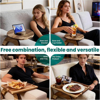 360° Detachable Rotating Acacia Wood Sofa Arm Tray Table, Serving Tray Clip On Couch Armrest Table with Cup Holder & Phone Stand, TV Dinner Tray for Eating on Sofa, TV Trays Fits for Small Spaces