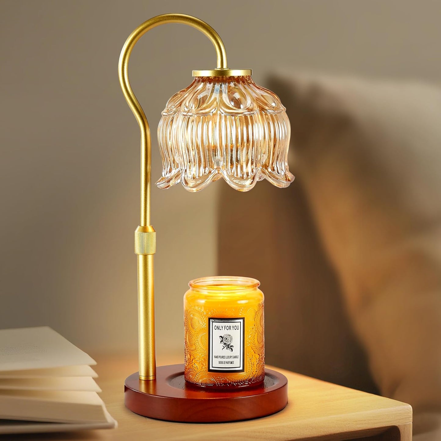 Dreamholder Electric Candle Warmer Lamp with Timer & Dimmer, Adjustable Height Wax Melt Warmer for Jar Candles, Wood Base Candle Melter, Floral Home Decor Gifts for Women, Mom, Natural Wood