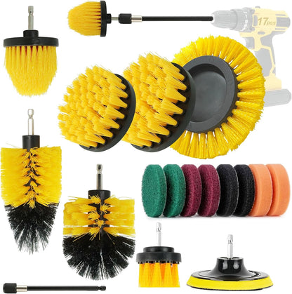 Drill Brush Attachments Set, 17PCS Power Scrubber Kit with Scouring Pads and Sponge, for Bathroom, Tile, Grout, Kitchen, Tub and Car Wheel Cleaning