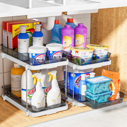 Delamu 2-Tier Multi-Purpose Bathroom Under Sink Organizers and Storage, Stackable Kitchen Pantry Organization, Pull Out Medicine Cabinet Organizer with Movable Dividers, White, 2 Pack