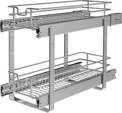 2-Tier Cabinet Pull Out Shelves, 14" W x 22" D, Chrome | Heavy-Gauge Wire Kitchen Cabinet Organizer, 100 lbs Capacity, Ball-Bearing Glides, Min 15" Opening, For Tupperware & Bowls