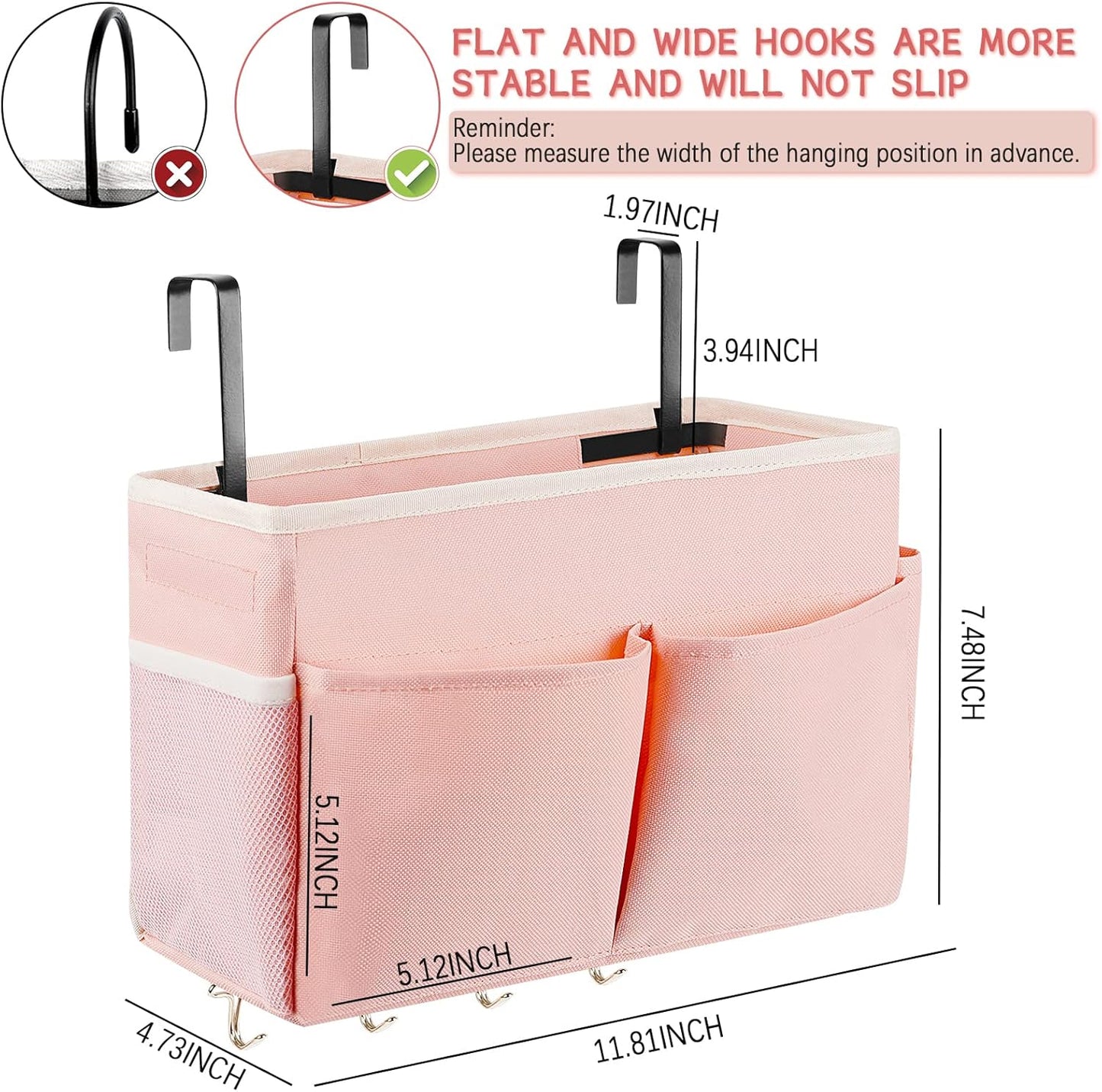Bedside Caddy Organizer 5 Pockets and 4 Hooks for Bunk Bed Pink | Hanging Storage Bag for Headboards