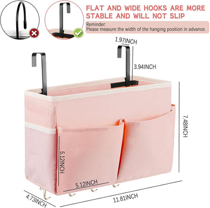 Bedside Caddy Organizer 5 Pockets and 4 Hooks for Bunk Bed Pink | Hanging Storage Bag for Headboards