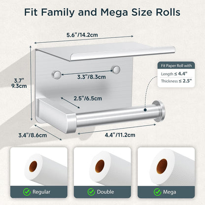 FORIOUS Toilet Paper Holder with Shelf, Adhesive or Screw, Commercial | Brushed Nickel | Wall Mount Bathroom Tissue Holder | SUS304 Stainless Steel Rustproof | Bathroom Tissue Roll Holder