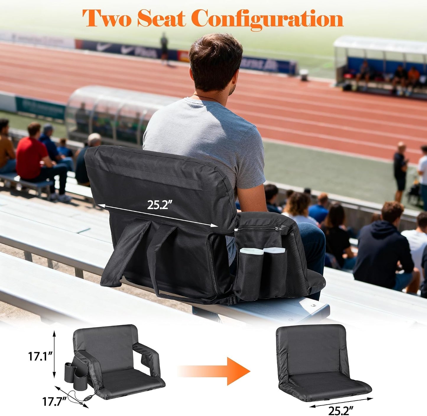 20.5"/25" Wide Stadium Seat for Bleachers w/Back Support Padded Cushion Portable Reclining Bleacher Seats Camping Stadium Chair Waterproof