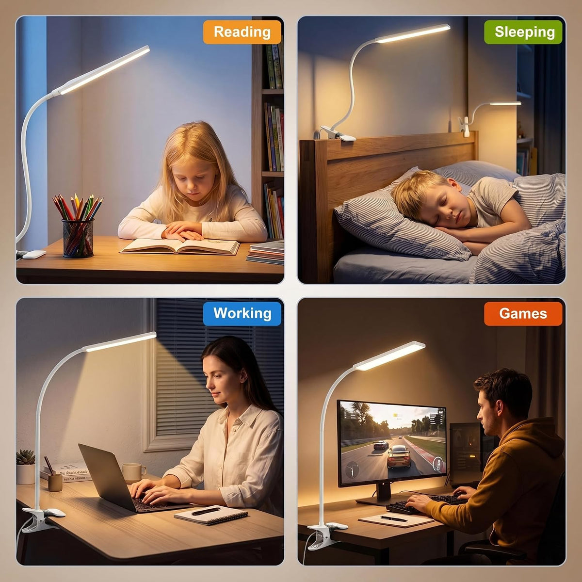 Vansuny Clip on LED Desk Lamp, Eye-Caring USB Reading Light for Home Office