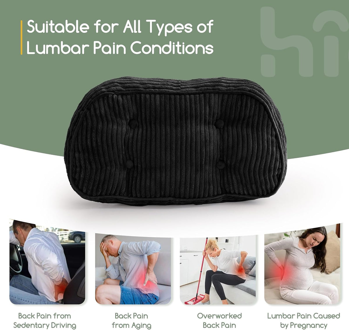 HIGOGOGO Lumbar Support Pillow for Recliner Chair/Accent Chair/Couch/Office Chair, Tufted Corduroy Back Support Cushion for Elderly, Recliner Cushions for Back Rest, Pain Relief, Reading, Dark Grey
