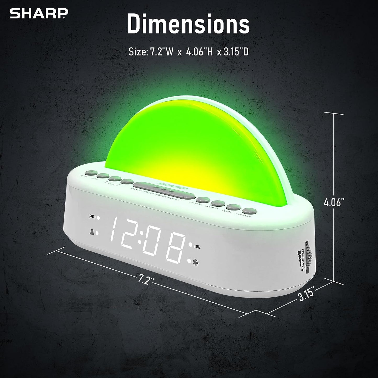 SHARP Sunrise Alarm Clock with Wake-Up Light, Sleep Sounds and Night Light | Sunrise wake light; Sunset sleep timer; 5 sleep sounds; 8-color night light; Dimmer; Snooze; Battery backup