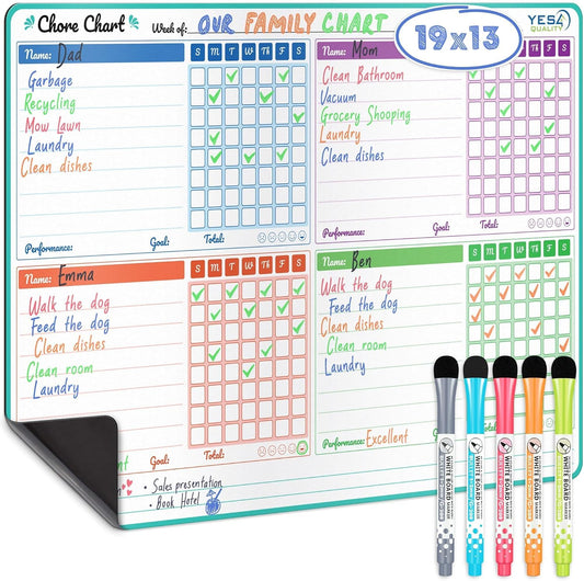 Magnetic Dry Erase Chore Chart for Fridge - 14 x 11 Inch - Whiteboard Organizer with Shopping List, 6 Colorful Markers & Eraser - Refrigerator White Board for Family Tasks & Schedules - by Yes4Quality