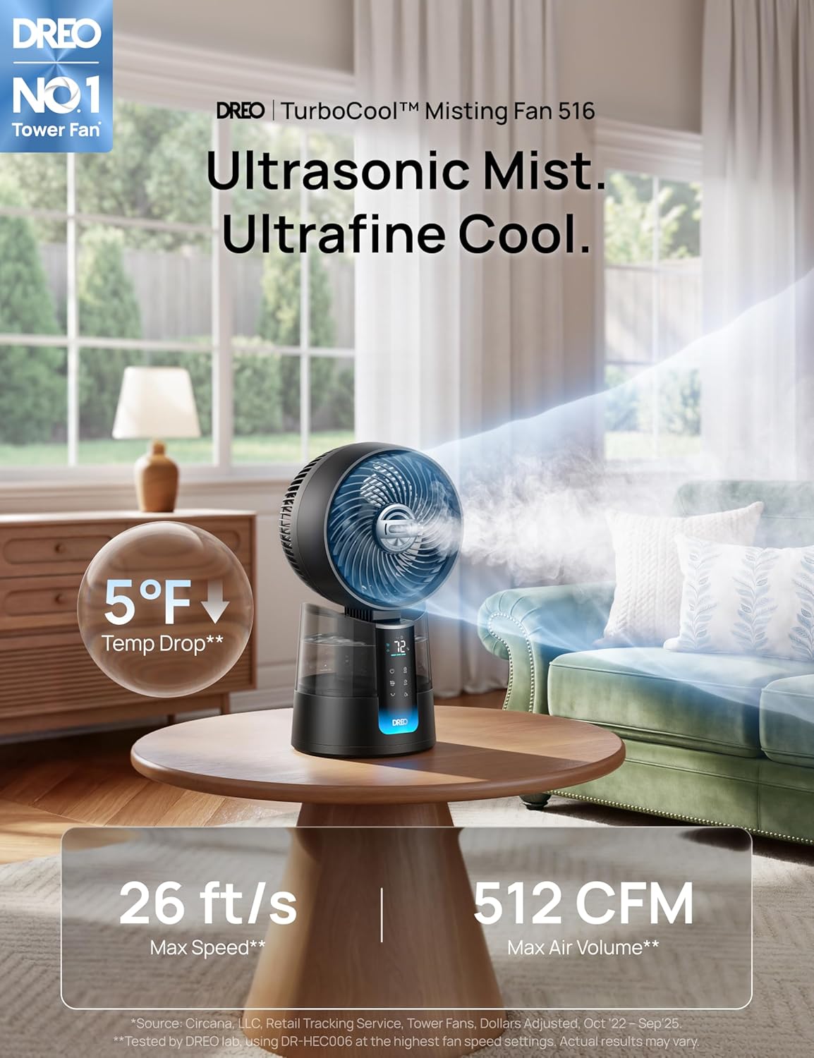 DREO TurboCool Misting Fan 516, 5℉ Drop Cooling Fans that Blow Cold Air | 150°+30° Omni-directional Oscillating, Evaporative air cooler, 26 ft/s Wind, Ultrafine Mist, 20dB, 6 Speeds 2 Modes, Grey