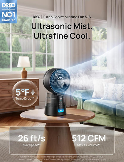 DREO TurboCool Misting Fan 516, 5℉ Drop Cooling Fans that Blow Cold Air | 150°+30° Omni-directional Oscillating, Evaporative air cooler, 26 ft/s Wind, Ultrafine Mist, 20dB, 6 Speeds 2 Modes, White