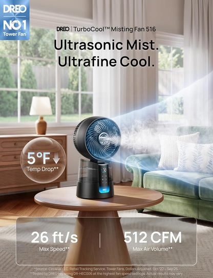 DREO TurboCool Misting Fan 516, 5℉ Drop Cooling Fans that Blow Cold Air