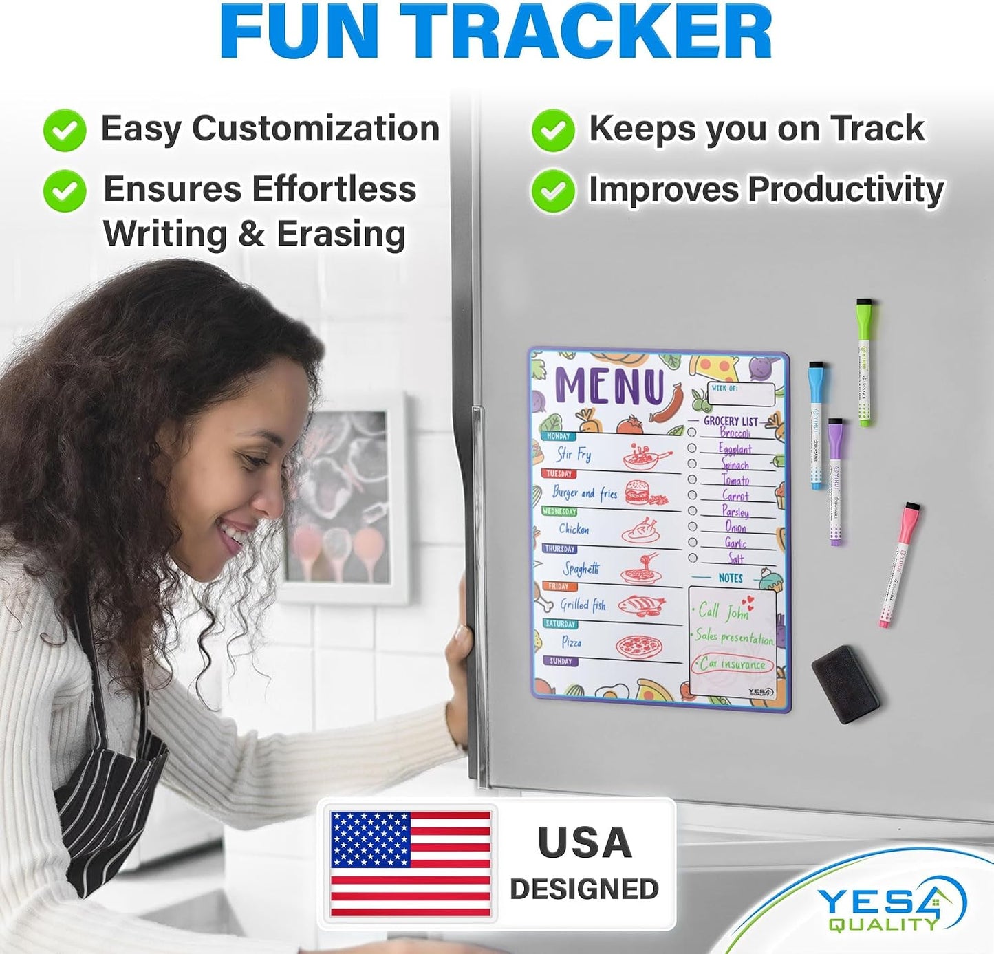 Magnetic Dry Erase Menu Board for Fridge (16x12) - Weekly Meal Planner Blackboard w/ 4 Magnetic Chalk Markers & Wiping Cloth - Chalkboard Organizer for Dinner Menus & Grocery Lists by Yes4Quality