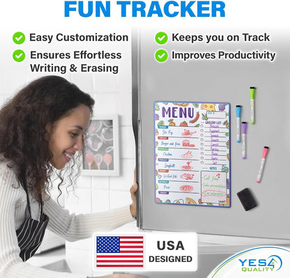 Magnetic Dry Erase Menu Board for Fridge (16x12) - Weekly Meal Planner Blackboard w/ 4 Magnetic Chalk Markers & Wiping Cloth - Chalkboard Organizer for Dinner Menus & Grocery Lists by Yes4Quality
