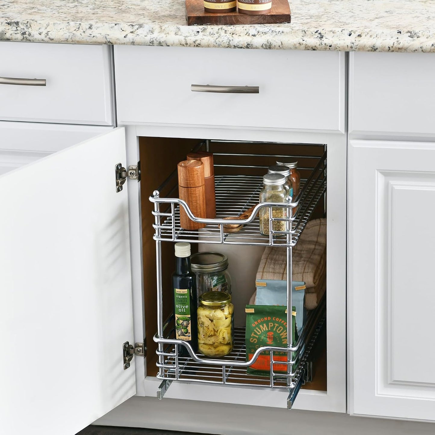 Household Essentials Glidez Multipurpose Chrome-Plated Steel Pull-Out/Slide-Out Storage Organizer for Cookware and Bakeware - 2-Tier Design - Fits Standard Size Cabinet or Shelf, Chrome