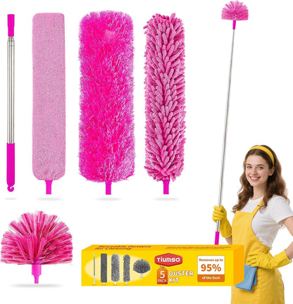 Tiumso Microfiber Feather Duster 5-in-1 Kit, Dusters for Cleaning, Duster with Extension Pole 100 Inches, Cobweb Duster, Microfiber Dusters for High Ceilings and Fans, Blinds, Cars and Furniture