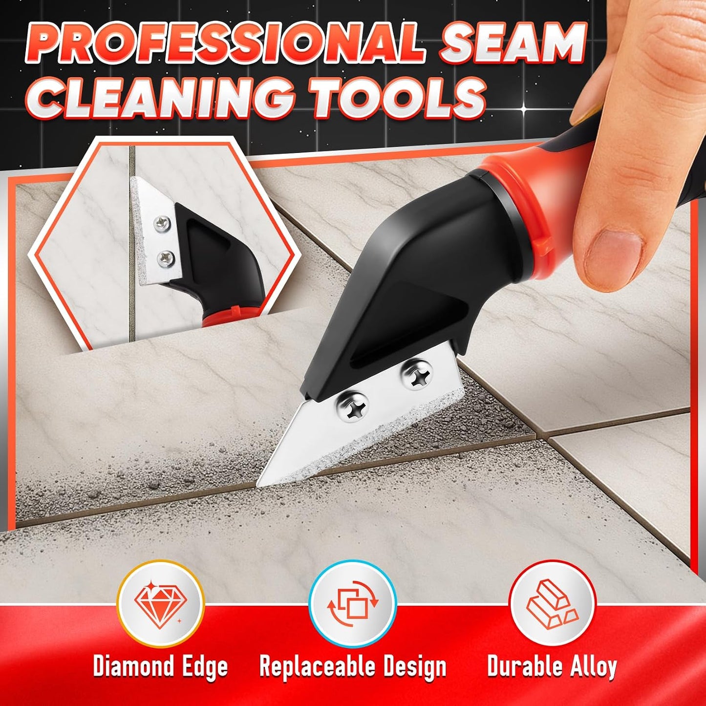 DIYSELF 4-in-1 Caulking Remover Tool, Silicone Caulking Tools for Tile, Red | Bathtub Caulking Tool, Shower Caulk Remover Tool, Razor Scraper for Tile, Grout, Windows & Home Repairs