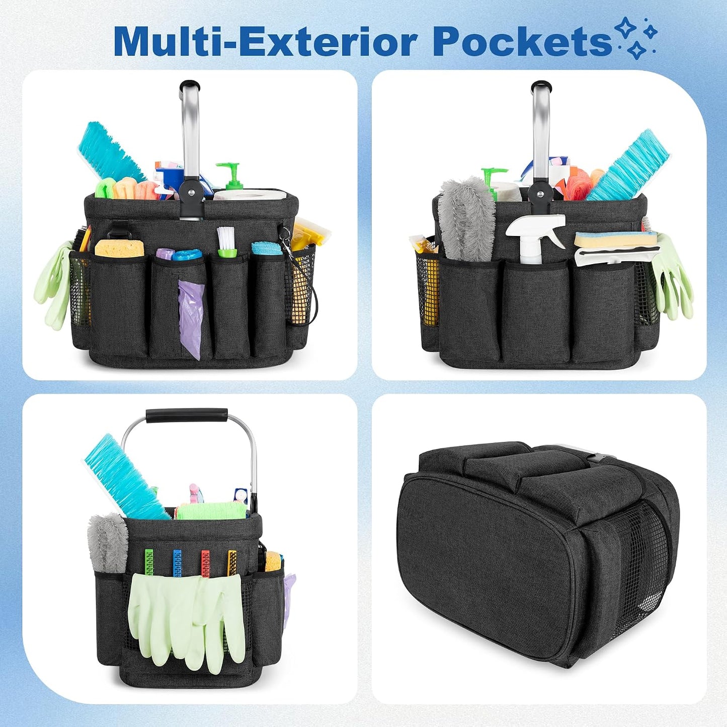 PGmoon Cleaning Caddy Organizer with Handle,Black | Cleaning Tote Bag with Multiple Pockets for Cleaning Supplies, Products Storage, Housekeepers, Kitchen Cleaning Supplies