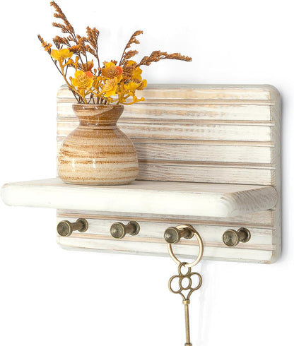 Rebee Vision Pine Wood Key Holder Wall Mount with Shelf for Entryway, Brown | 6 Key Hooks, Round Corner, Smooth&Hand-Friendly, Clear Wood Texture, Space-Saving Design, Organize Mail & Letter