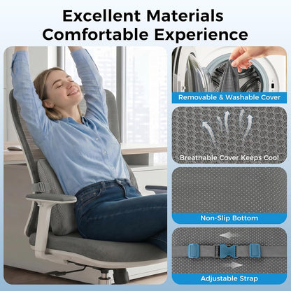 Lumbar Support Pillow for Car & Office Chair - High-Density Memory Foam Back Cushion for Sciatica & Lower Back Pain Relief - Non-Slip Support for Long Commutes & Desk Workers (Black)