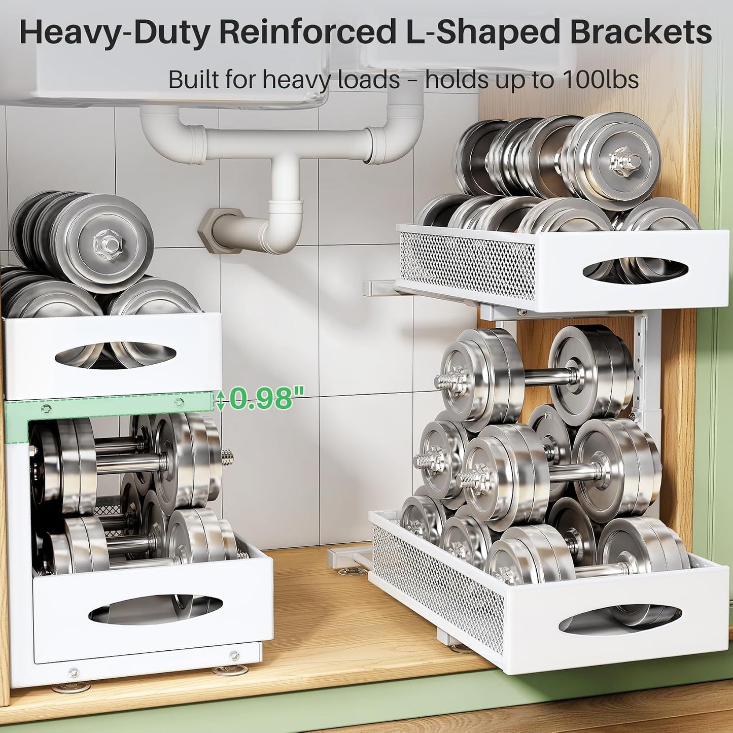 Under Sink Organizer, 2 Tier Pull out Cabinet Organizer Baskets with Mesh Sliding Drawers, Slide out Storage Shelf for Home, Kitchen, Bathroom, Pantry, Office Cabinet, Countertop(1 Pack)