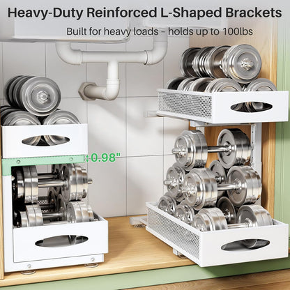 Under Sink Organizer, 2 Tier Pull out Cabinet Organizer Baskets with Mesh Sliding Drawers, Slide out Storage Shelf for Home, Kitchen, Bathroom, Pantry, Office Cabinet, Countertop(1 Pack)
