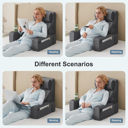 Reading Pillow for Bed with Adjustable Armrests and Side Pockets, Back Pillow for Bed Sitting Up, Sit Up Pillow, and Bed Pillows for Sitting Up, Ideal for Reading, Watching TV and Relaxing, Light Gray