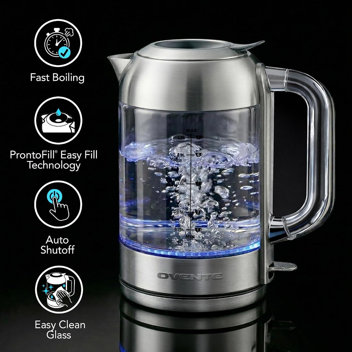 OVENTE 1.7L Double Wall Glass Electric Kettle Water Boiler, Silver KG912S | 1500W Fast Boiling, Easy Fill Lid, Borosilicate Glass, Cool-Touch Design, Blue LED, Auto Shut-Off, Boil-Dry Protection