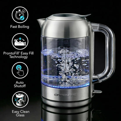 OVENTE 1.7L Double Wall Glass Electric Kettle Water Boiler, Silver KG912S | 1500W Fast Boiling, Easy Fill Lid, Borosilicate Glass, Cool-Touch Design, Blue LED, Auto Shut-Off, Boil-Dry Protection
