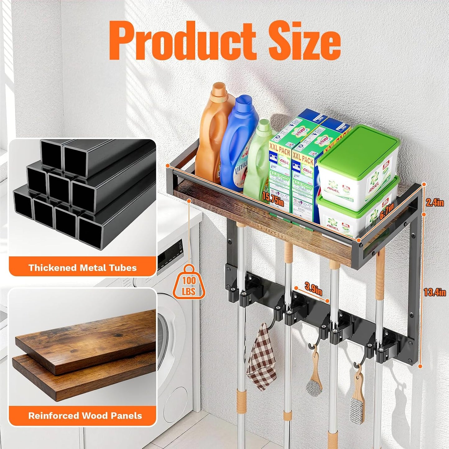 Broom Holder Wall Mount with Shelf, 15.7" Wx6.7 Dx15.7 H, 1 Pack | Load 66LBS, 4 Mop Hanger Grippers, 3 Hooks, for Laundry Room, Garage, Utility Closet, Kitchen