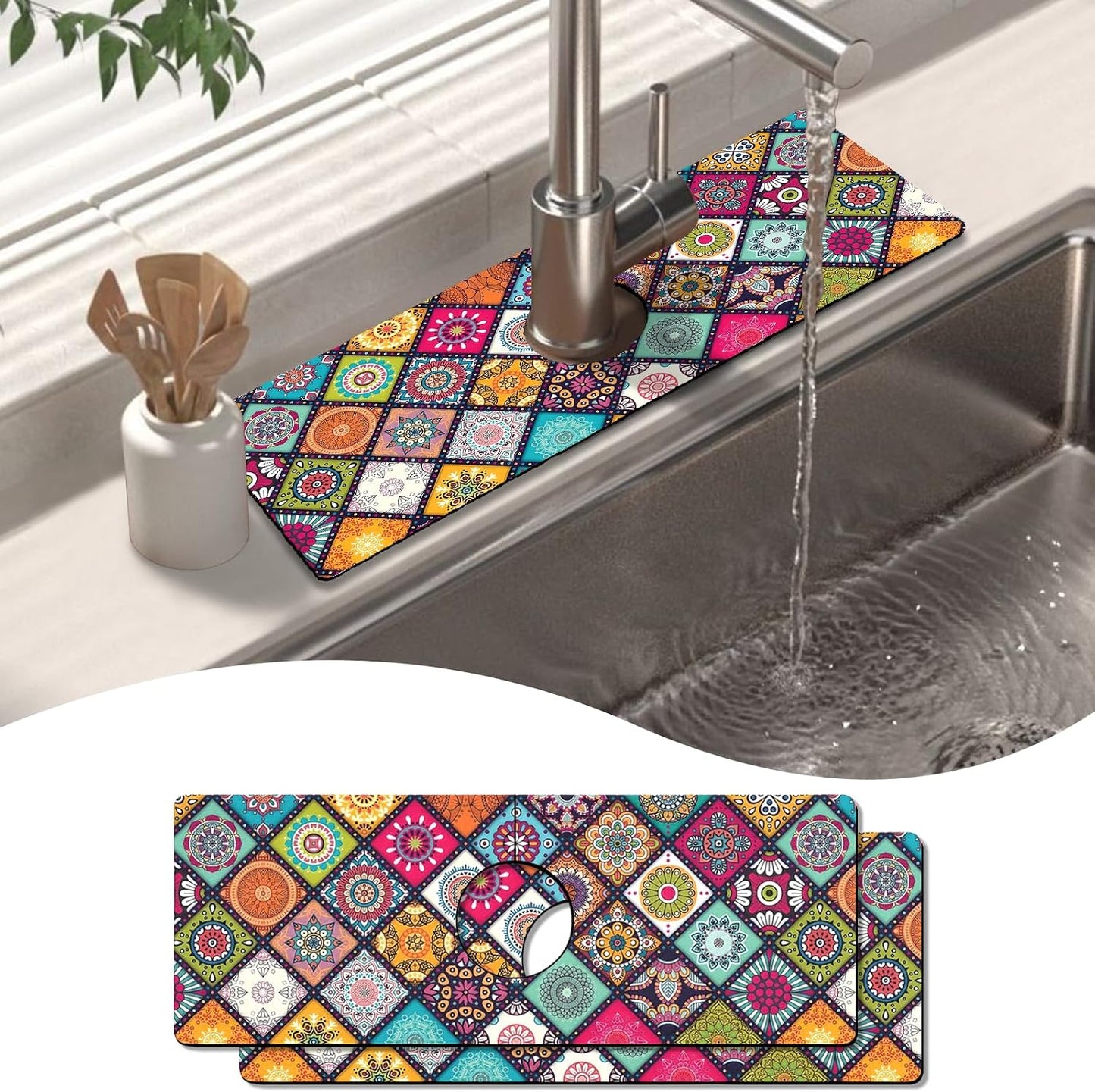 Kitchen Sink Splash Guard Faucet Mat 24" X 5.5" Tropical Leavesl Absorbent Fast Drying Mat Faucet Draining Mat Sink Splash Guard Behind Faucet Drip Catcher for Kitchen Bathroom