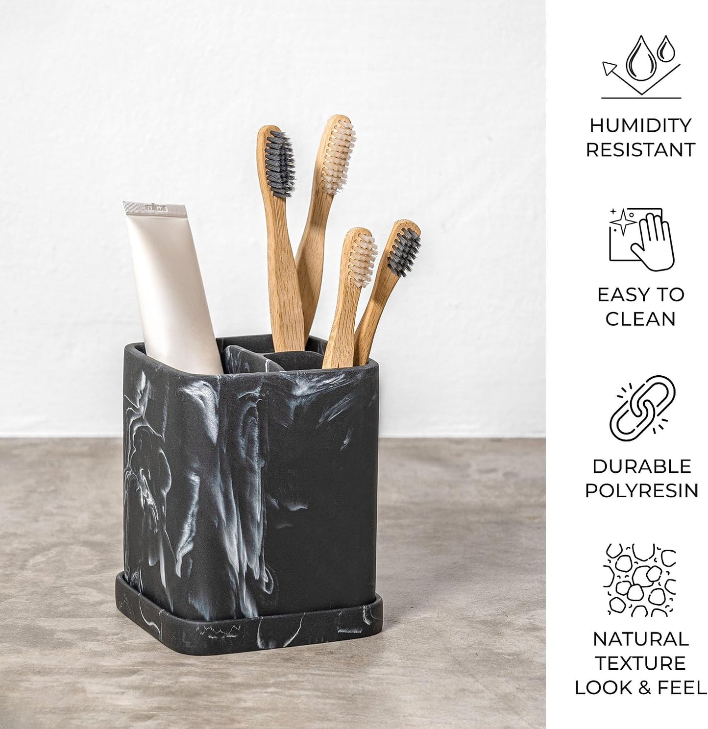 Marble Look Toothbrush Holder for Bathroom Countertop Organizer, Holds Toothpaste, Dental Floss, Razor, Comb, Makeup Brushes, and More, Stylish Bathroom Accessory for Tooth Brushing Essentials