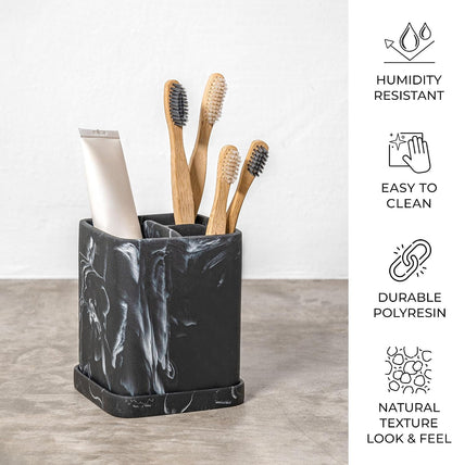 Marble Look Toothbrush Holder for Bathroom Countertop Organizer, Holds Toothpaste, Dental Floss, Razor, Comb, Makeup Brushes, and More, Stylish Bathroom Accessory for Tooth Brushing Essentials