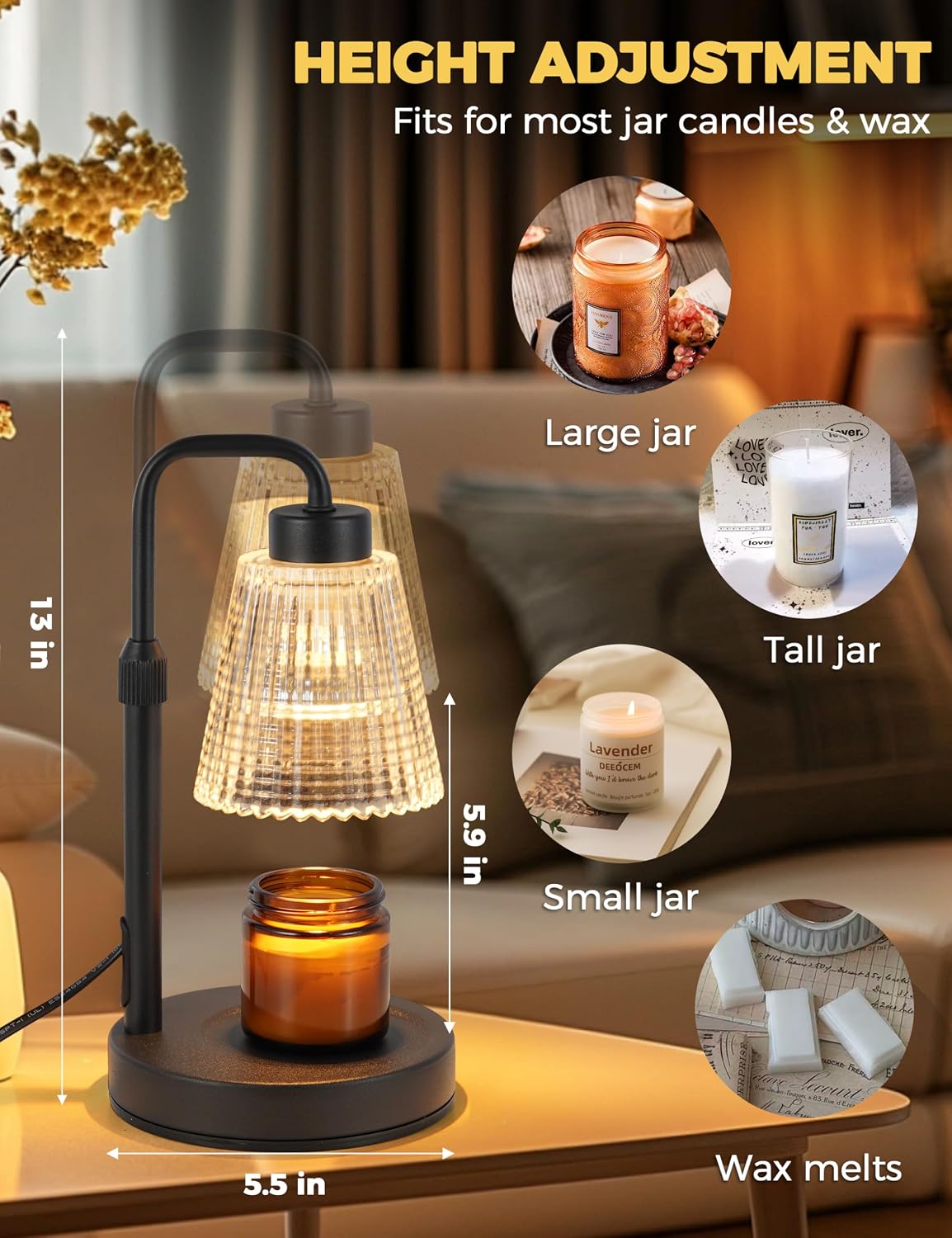Silver Gray Candle Warmer Lamp with 24h Cycle Timer, Dimmable Wax Warmer