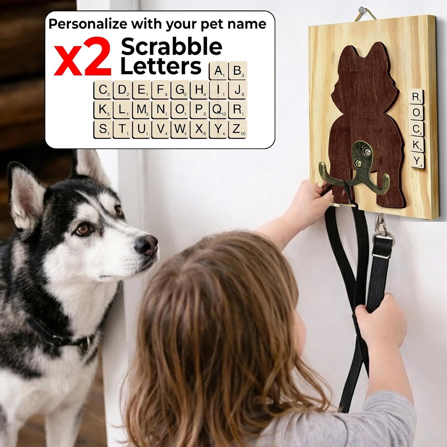 Dog Leash Holder Wall Mount, Pet Harness Hanger with Scrabble Letters, Dog Collar Organizer for Entryway, Memorial Cat Leash Holder for Wall, Pet Loss Gifts, Keepsake, Home Decor PF212-NAT