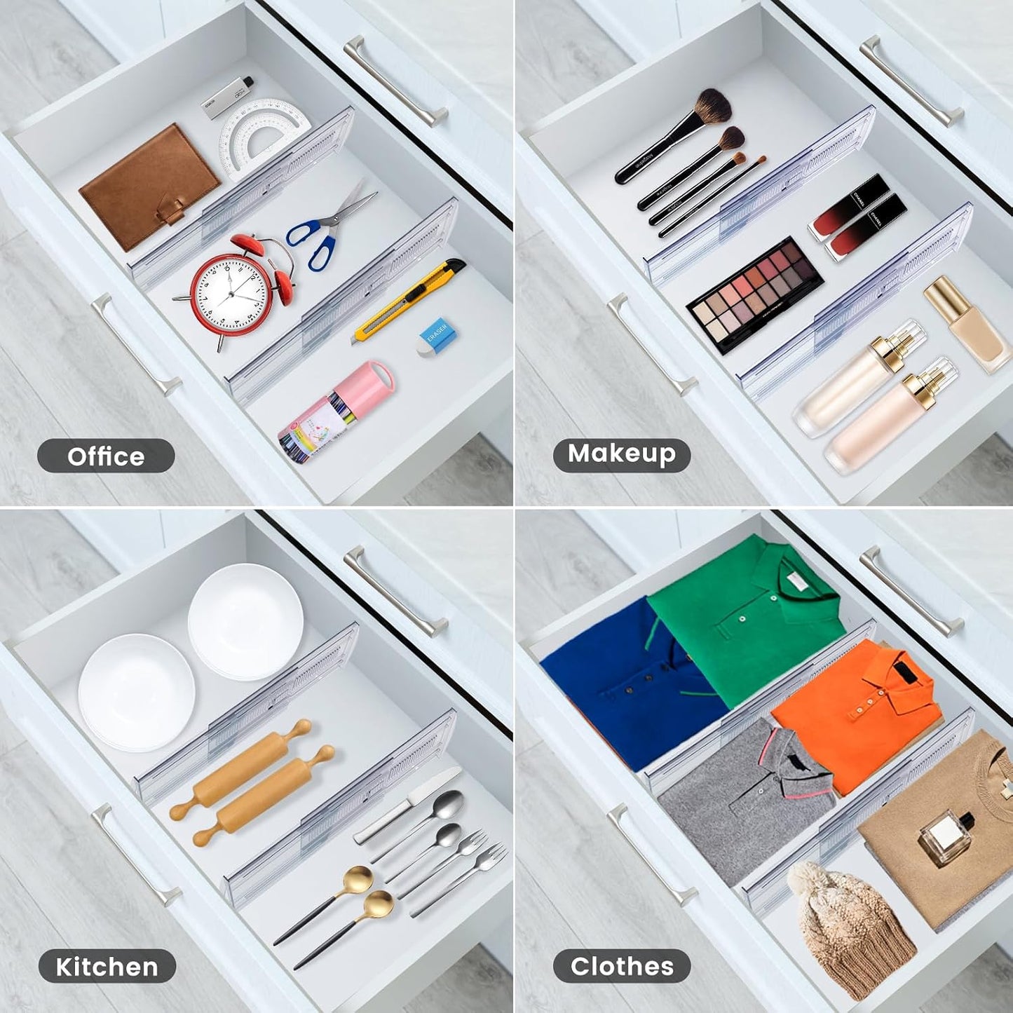 4 Pack Adjustable Drawer Dividers for Clothes,5" High Expandable From 13-21" Clear Drawer Organizers, PC Plastic Separators for Dresser/Bedroom/Bathroom/Kitchen/Office Storage