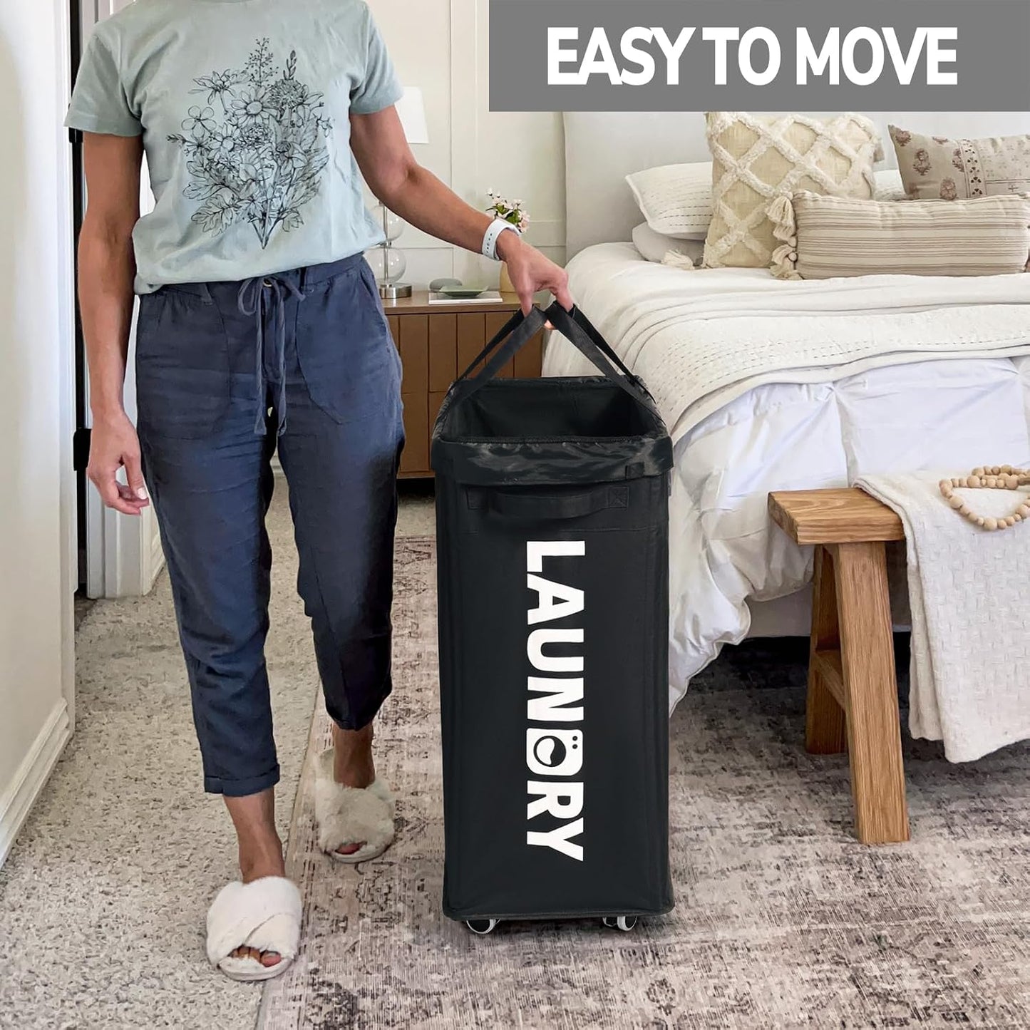 Goodpick 75L Laundry Basket with Wheels & Removable Wash Bag for Dorm | Rolling Laundry Basket with Handles for Dirty Clothes, Fodable Hamper for Laundry Room, Dorm Room Essentials, Grey
