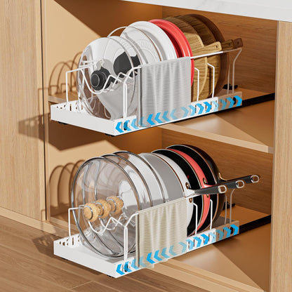 Black 2 Pack Pot Lid Organizer, Pull Out Cabinet Rack, 16 Dividers | 2-pack black carbon steel rack, 16 adjustable dividers, quiet slide rails, adhesive or screw mount for lids, pans, bakeware
