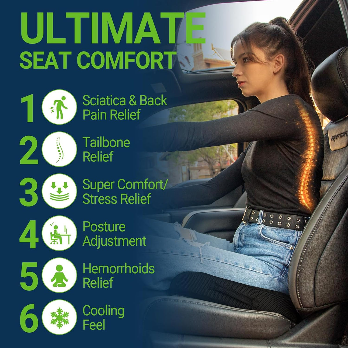 Season Guard Gel Memory Foam Seat Cushion for Tailbone Pain Relief, Black