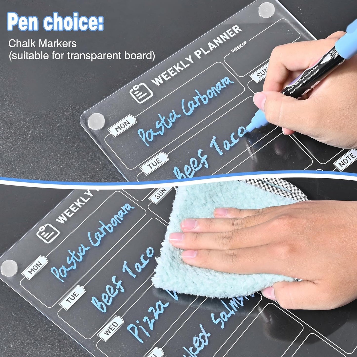 Magnetic Meal Planner for Fridge | Acrylic Weekly Planner with Chalk Marker for to-Do List, Shopping List, Menu List (8 x 12)