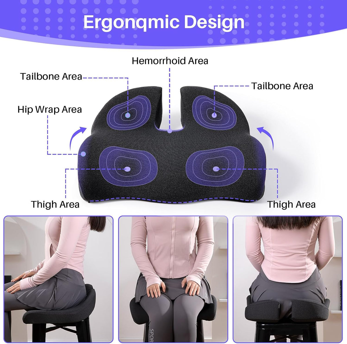 Ergonomic Seat Cushion, Office Chair Cushion for Sciatica Support, Pink