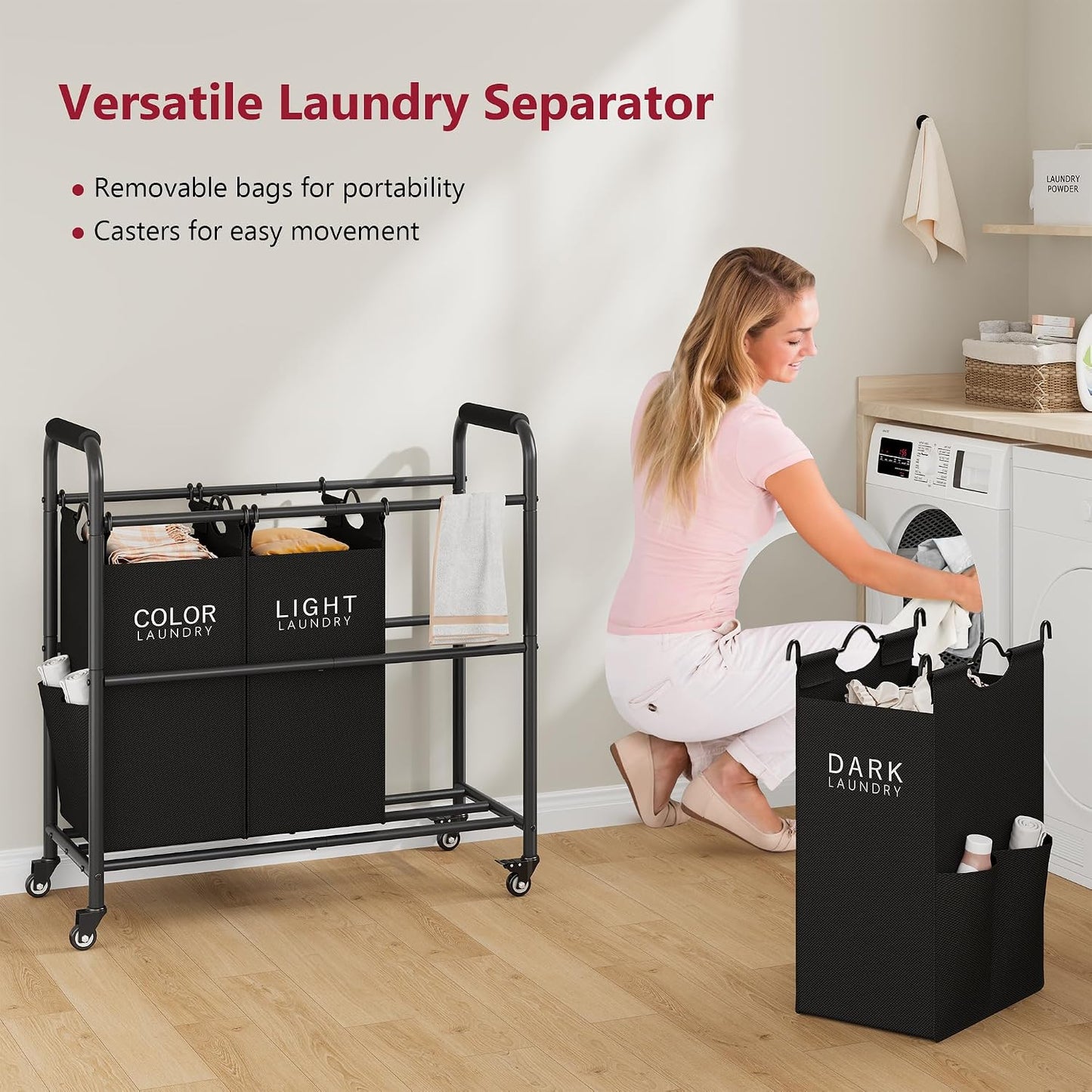 2 Bag Laundry Sorter Cart, Black & Grey | 50lbs Large Capacity, Removable Laundry Bags, Heavy Duty Lockable Rolling Wheels, Laundry Hamper Basket for Clothes Storage